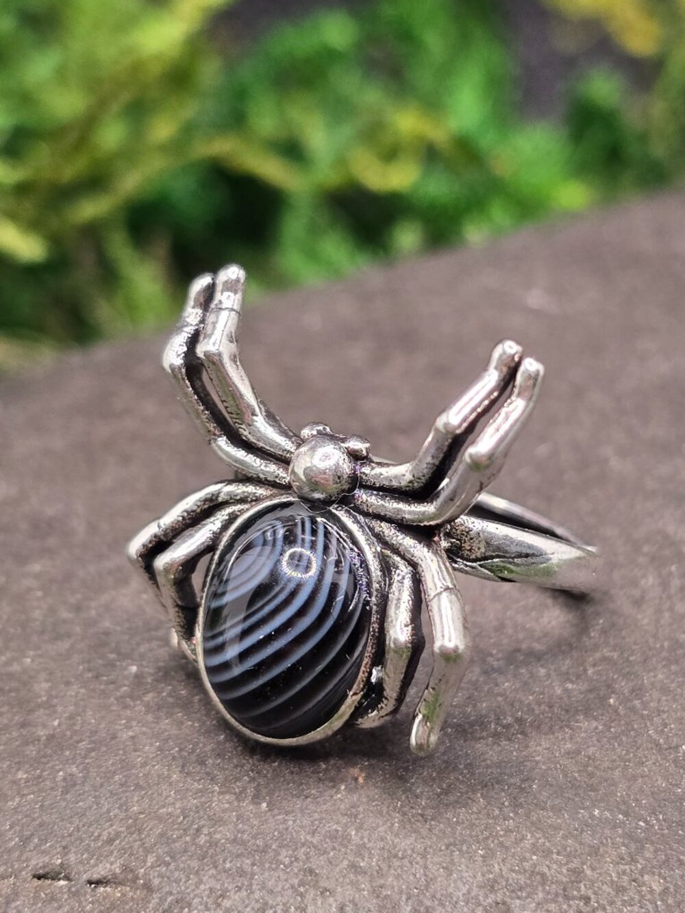 Black Banded Agate Spider Adjustable Ring Size 6-10 Gothic Jewelry